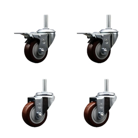 Service Caster 3 Inch Maroon Polyurethane Swivel 34 Inch Threaded Stem Caster Set 2 Total Lock Brakes SCC-TSTTL20S314-PPUB-MRN-34212-2-S-2